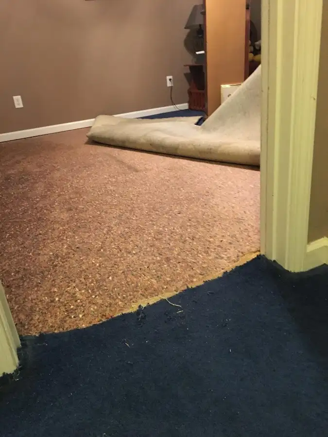 Carpet pad removal revealing water damage during Water Mitigation Services in Cary